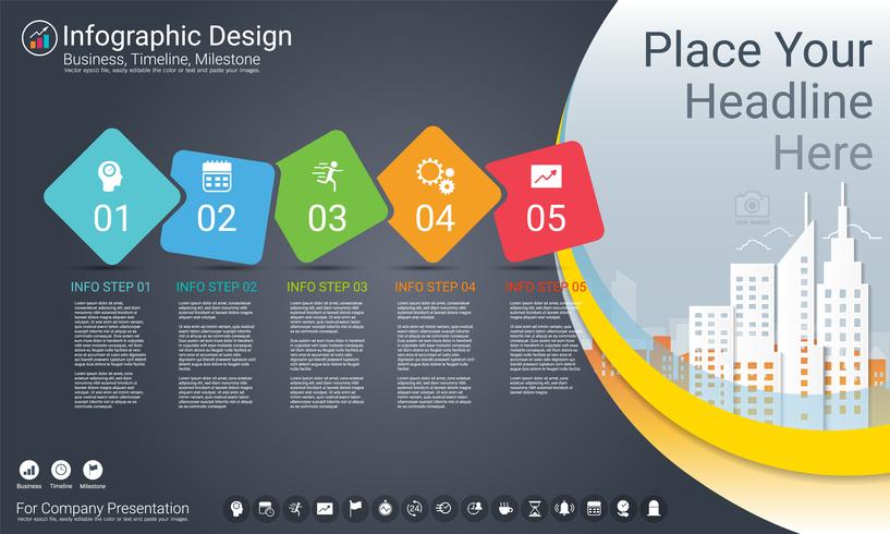 Plantilla de infografías de negocios, línea de tiempo de Milestone o hoja de ruta con opciones de diagrama de flujo de proceso 5. vector