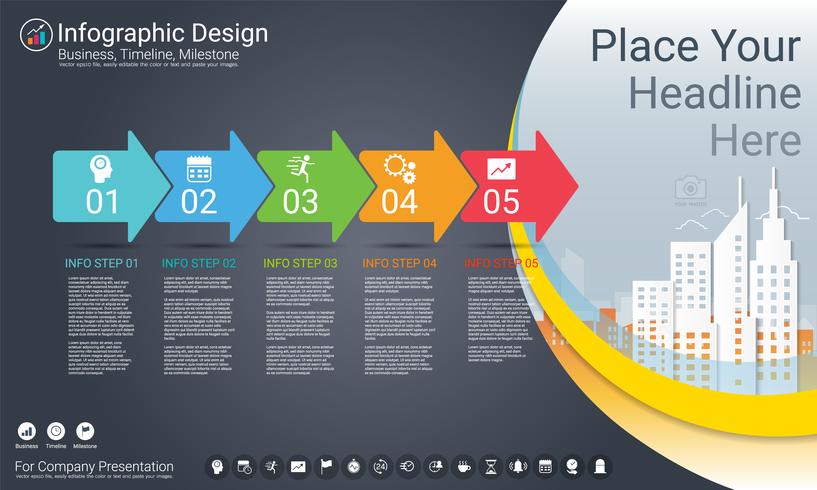 Plantilla de infografías de negocios, línea de tiempo de Milestone o hoja de ruta con opciones de diagrama de flujo de proceso 5. vector