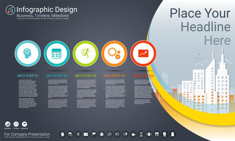 Business infographics template, Milestone timeline or Road map with Process flowchart 5 options. vector