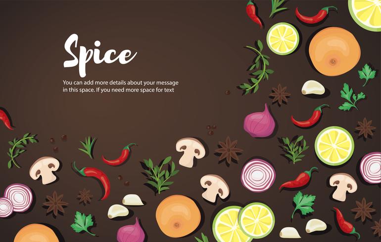 Especias y alimentos vegetales de fondo y espacio para escribir. vector