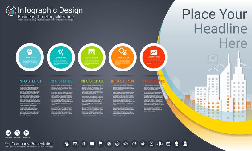 Plantilla de infografías de negocios, línea de tiempo de Milestone o hoja de ruta con opciones de diagrama de flujo de proceso 5. vector