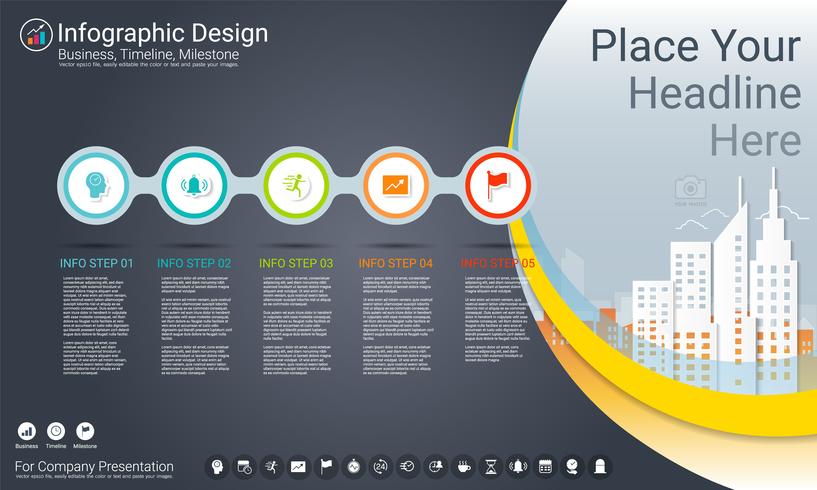 Business infographics template, Milestone timeline or Road map with Process flowchart 5 options. vector