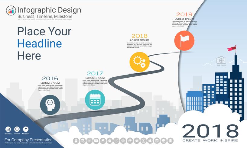 Plantilla de infografías de negocios, línea de tiempo de Milestone o Mapa de ruta con opciones de diagrama de flujo de proceso 4. vector