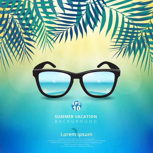 Abstract of summer time background with sunglasses and leaves of nature, sunshine bright on center of blue sky theme. vector