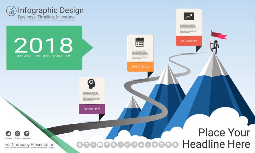 Informe de infografías de negocios, cronograma de Milestone o hoja de ruta con opciones de diagrama de flujo de proceso 3. vector