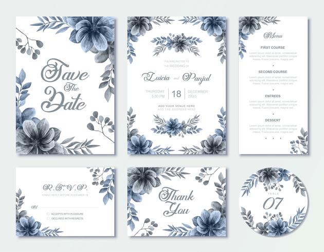 Watercolor Flowers Blue Wedding Invitation Card Template Set vector