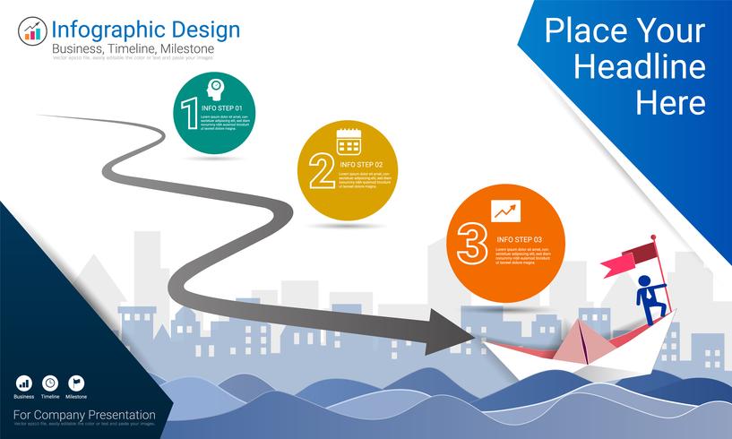 Business infographics report, Milestone timeline or Road map with Process flowchart 3 options. vector