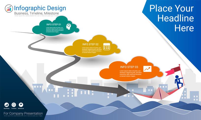 Business infographics report, Milestone timeline or Road map with Process flowchart 3 options. vector