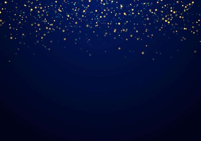 Abstract falling golden glitter lights texture on a dark blue background with lighting. vector