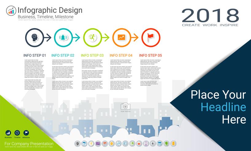 Plantilla de infografías de negocios, línea de tiempo de Milestone o hoja de ruta con opciones de diagrama de flujo de proceso 5. vector