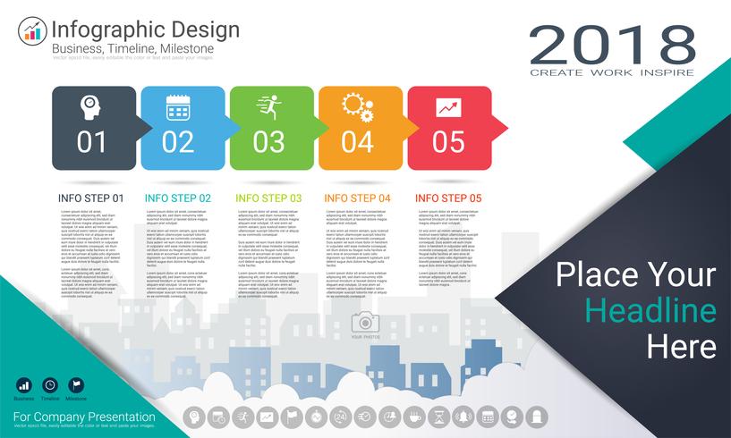 Plantilla de infografías de negocios, línea de tiempo de Milestone o hoja de ruta con opciones de diagrama de flujo de proceso 5. vector