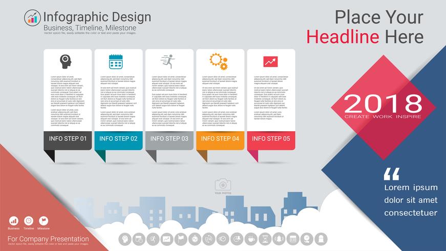 Plantilla de infografías de negocios, línea de tiempo de Milestone o hoja de ruta con opciones de diagrama de flujo de proceso 5. vector