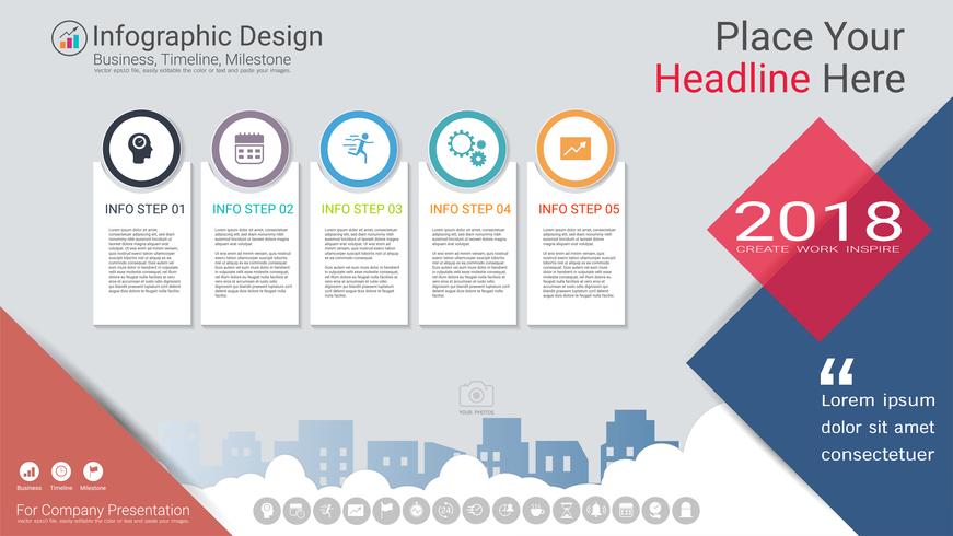 Plantilla de infografías de negocios, línea de tiempo de Milestone o hoja de ruta con opciones de diagrama de flujo de proceso 5. vector