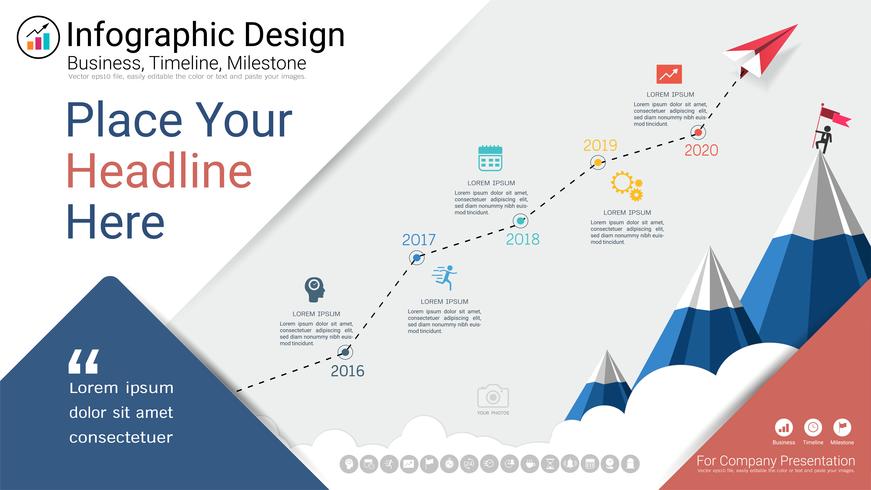 Plantilla de infografías de negocios, línea de tiempo de Milestone o hoja de ruta con opciones de diagrama de flujo de proceso 5. vector