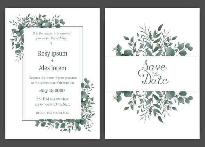Invitación de la boda del verdor, invitación de la boda del eucalipto de la plantilla. vector
