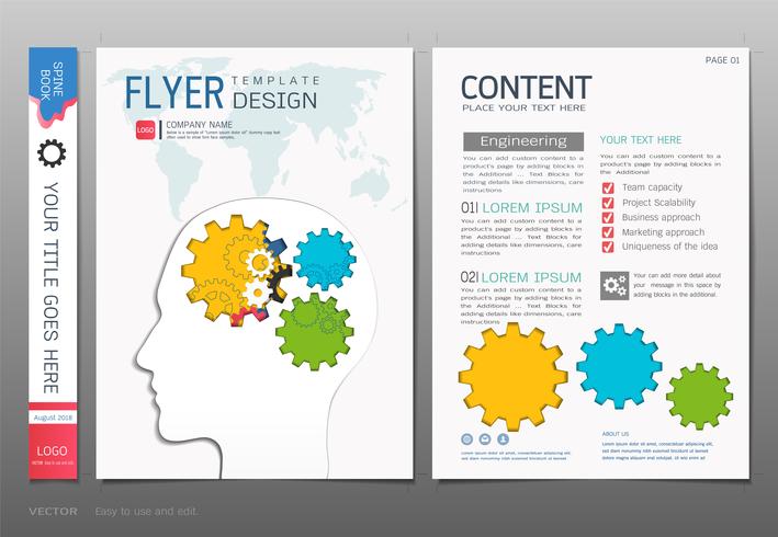 Cubre el vector de la plantilla del diseño del libro, conceptos gráficos de la información de los engranajes.