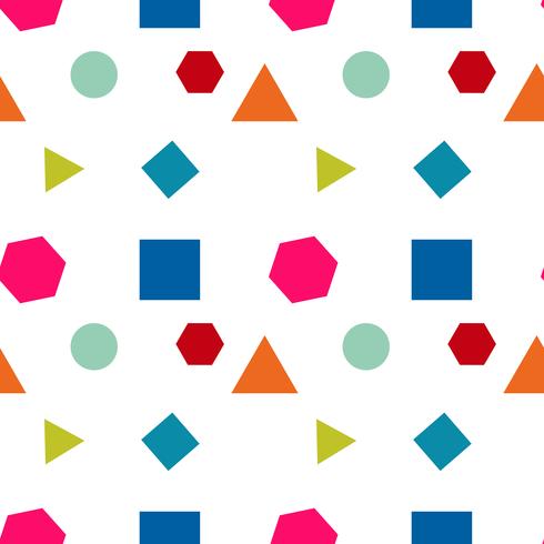 Seamless pattern with circles, square, triangle and Hexagon of fresh colors  on a white background. Vector repeating texture.