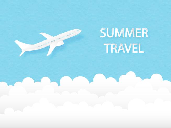 Summer travel concept airplane flying in the sky. Digital craft paper cut style. Vector illustration design.