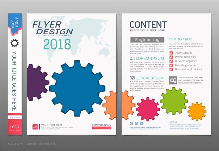 Cubre el vector de la plantilla del diseño del libro, conceptos gráficos de la información de los engranajes.