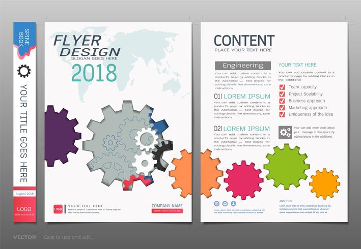 Cubre el vector de la plantilla del diseño del libro, conceptos gráficos de la información de los engranajes.