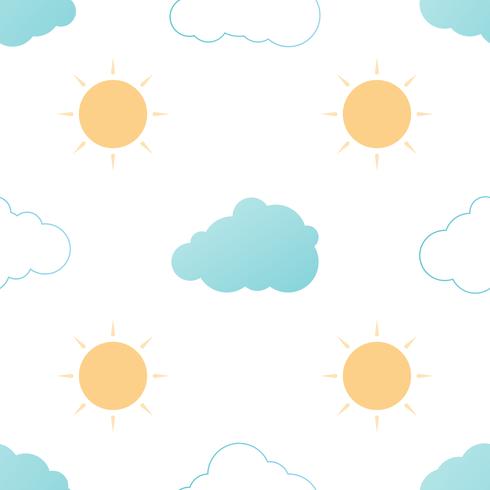 Seamless pattern with clouds and sun on a white background. Vector repeating texture.