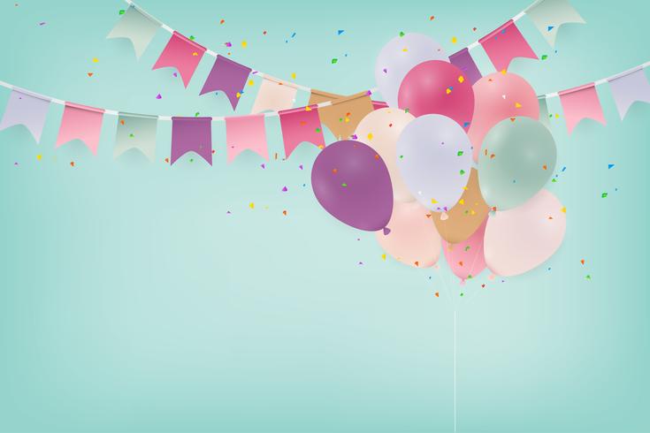 Fondo de celebración de aniversario o tarjeta de feliz cumpleaños con globos. Ilustración. vector