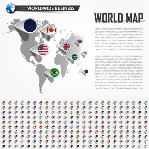 Perspective world map and GPS navigator location pin with all national country flag elements of the earth . Vector .