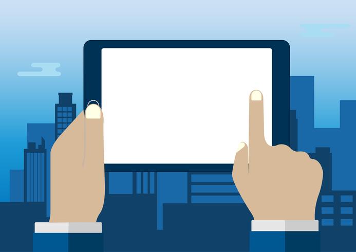 Hand touching blank screen of tablet computer on urban city landscape background. Hands of businessman Using digital tablet, flat design concept,Vector illustration vector