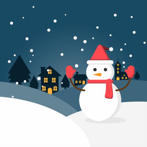 Winter snow and snowman in urban countryside with city village. Happy new year and merry christmas.  vector