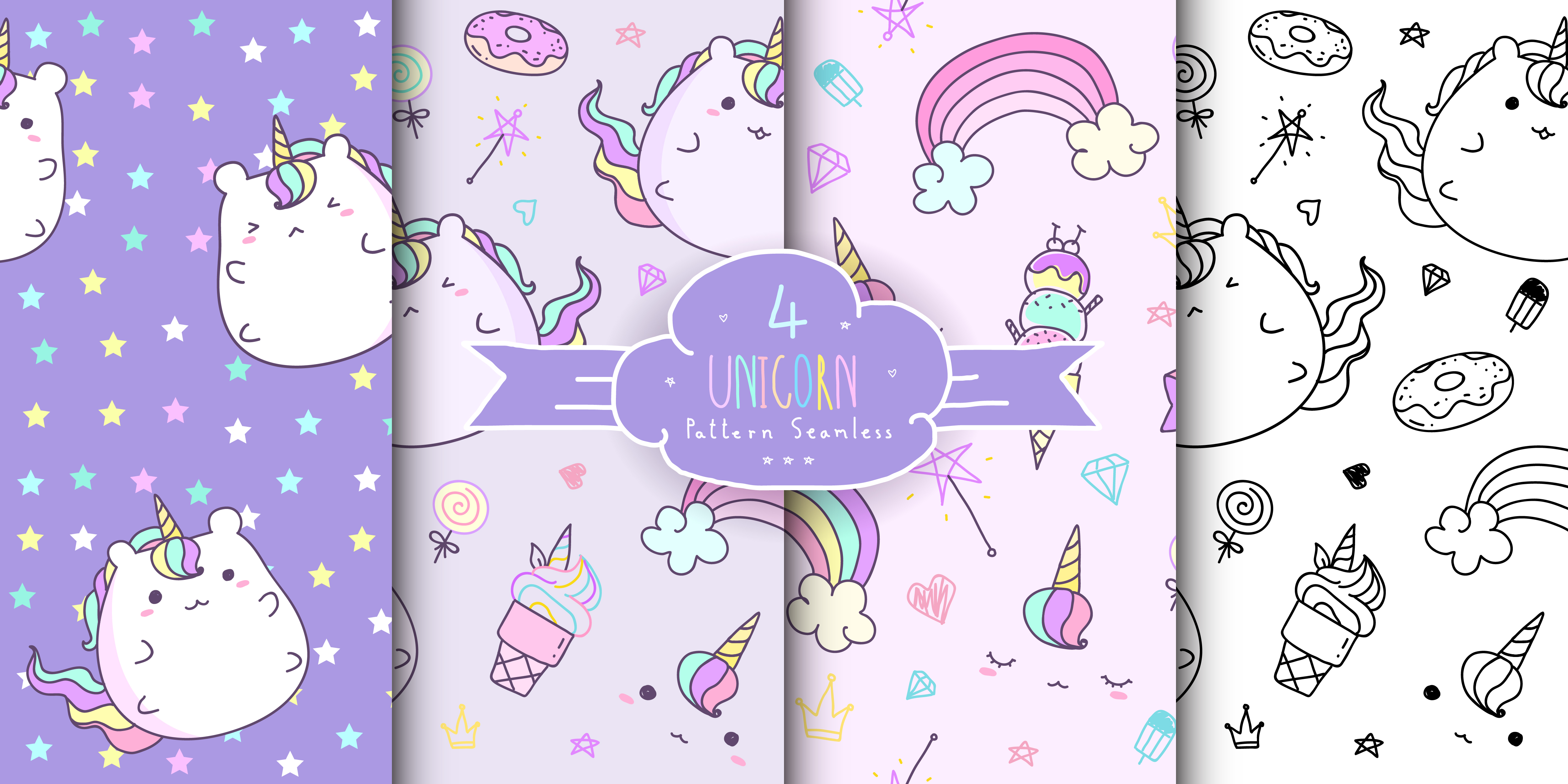set of cute hand drawn unicorn seamless pattern