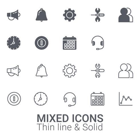 Conjunto de iconos mixtos. Línea delgada e icono sólido. vector