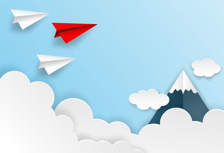 Liderazgo empresarial, concepto financiero. Dirigir el avión de papel rojo al cielo ir a la meta de éxito. estilo de arte de papel. Idea creativa. vector