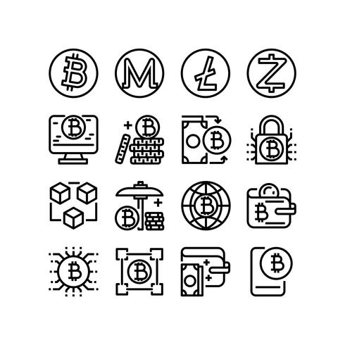 Criptomoneda, conjunto de iconos de líneas finas para aplicaciones móviles y aplicaciones web. Pixel perfecto. vector