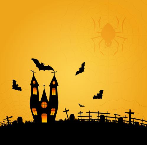 Halloween background with flying bat on  and the full moon. Vector illustration. Happy Halloween Poster.