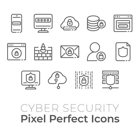 Conjunto de iconos de tecnología de seguridad cibernética. Icono de píxel perfecto vector