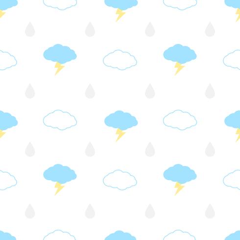 Seamless pattern with clouds, bolt and rain on a white background. Vector repeating texture.
