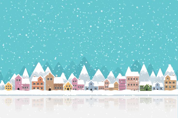 Winter town flat style with snow falling and mountain 002 vector