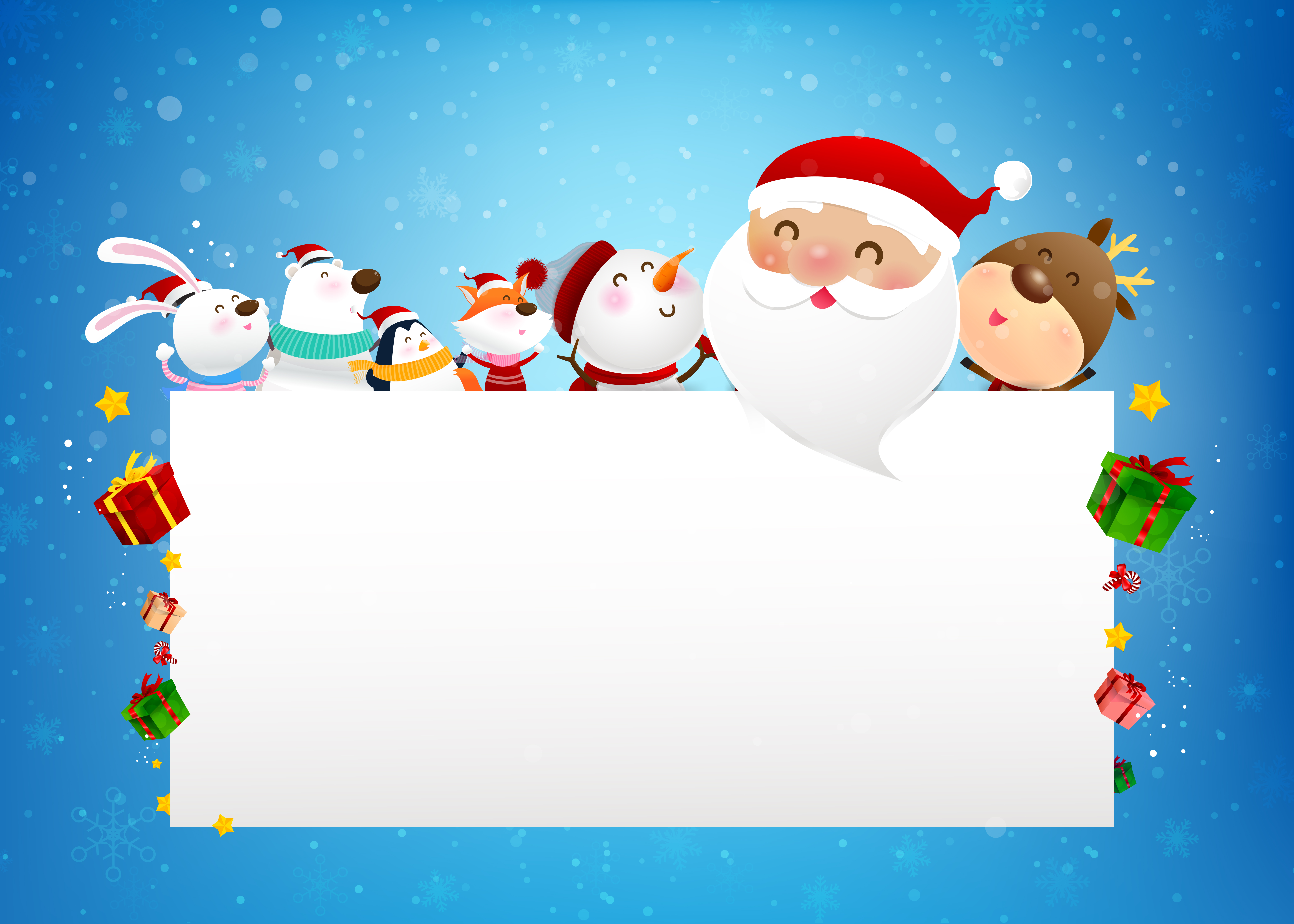 Christmas Snowman Santa Claus And Animal Cartoon Smile With Snow