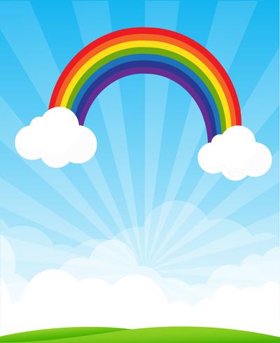 Sunburst and blue sky and rainbow background with copyspace vector illustration