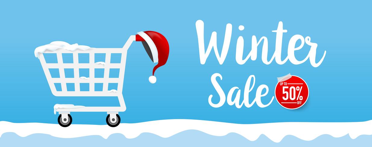 Winter sale calligraphy text with shpping cart and santa hat 001 vector