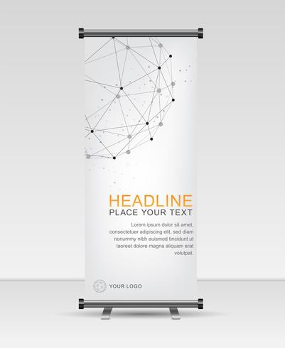 Roll up banner stand de plantilla. Resumen geométrico y conexiones de red global con puntos y líneas. vector