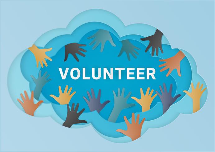 Colorful up hands. Raised hands volunteering vector concept.  paper art and craft style.