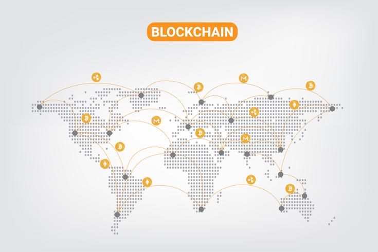 Tecnología de red criptográfica abstracta del blockchain de la moneda del dinero de Digitaces en fondo del mapa del punto del mundo. ilustración vectorial. vector