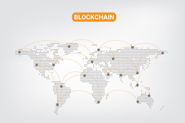 Tecnología de red criptográfica abstracta del blockchain de la moneda del dinero de Digitaces en fondo del mapa del mundo. ilustración vectorial. vector