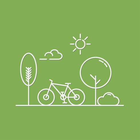 Bicycle and trees  in central park of spring or summer.  Flat line vector illustration of cityscape. minimal style.