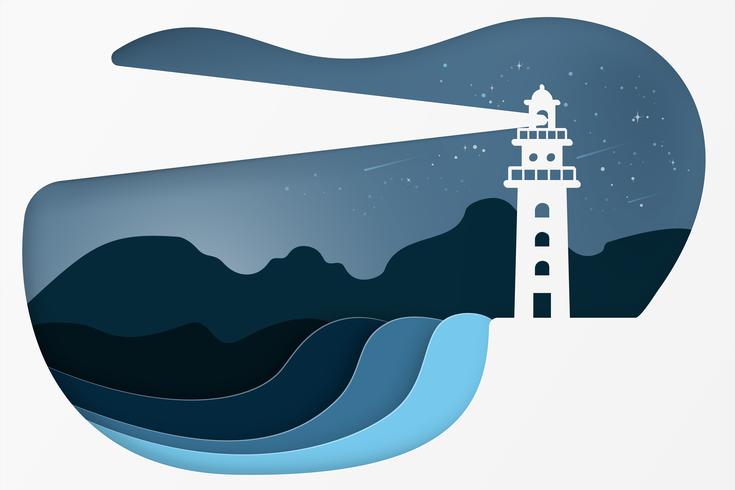 Modern building lighthouse. night seascape concept. Paper art style. vector