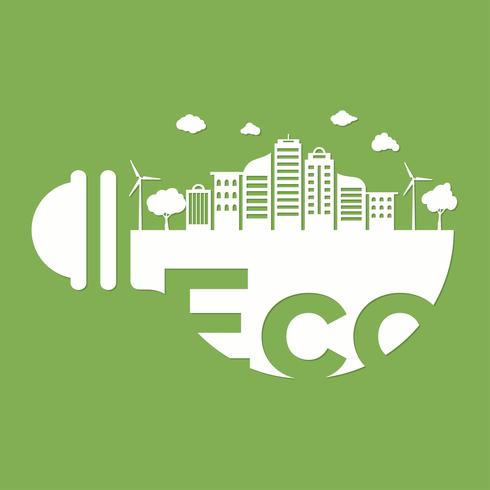 flat minimal style  with light bulb and city landscape building background. Think green and Ecological. World environment day.  vector