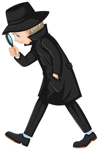 Detective in black overcoat holding magnifying glass vector