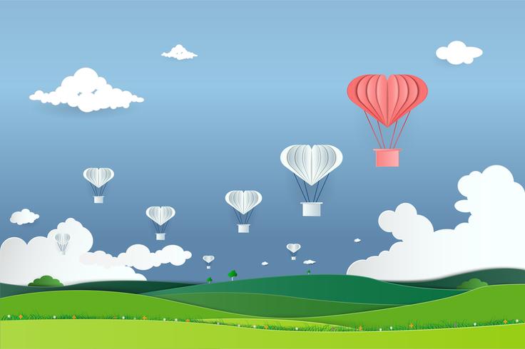 Paper art with Origami paper Hot air balloon flying on sky. business concept of leadership and teamwork vector