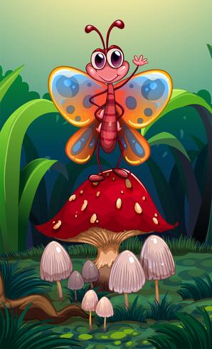 A butterfly standing above the big red mushroom vector